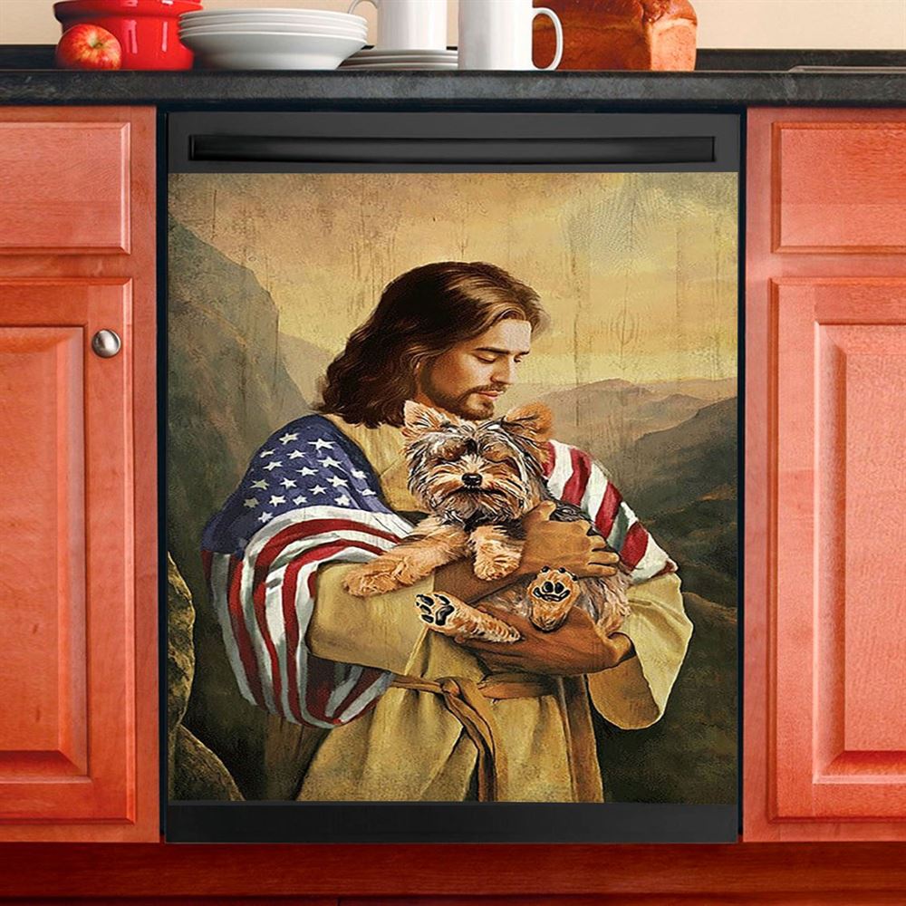 Jesus Hug Yorkshire Terrier Dishwasher Cover, Christian Dishwasher Stickers, Bible Verse Kitchen Decor