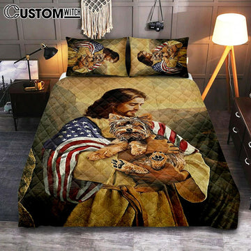 Jesus Hug Yorkshire Terrier Quilt Bedding Set Art - Christian Art - Bible Verse Bedroom - Religious Home Decor