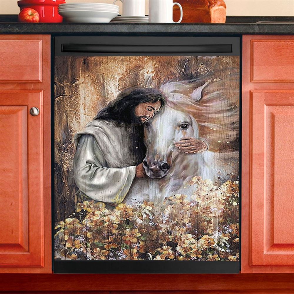 Jesus Hugging A Horse Dishwasher Cover, Christian Dishwasher Stickers, Bible Verse Kitchen Decor