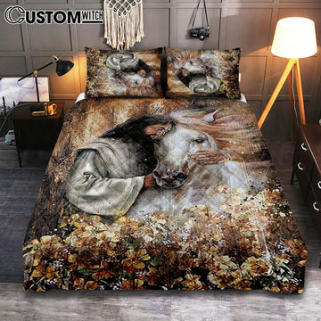 Jesus Hugging A Horse Quilt Bedding Set Art - Christian Art - Bible Verse Bedroom - Religious Home Decor