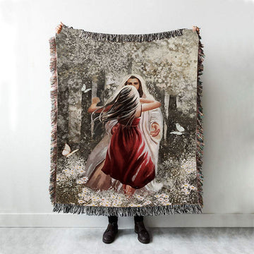 Jesus Hugging Girl Woven Blanket Prints - Jesus Christ Woven Blanket Art - Christian Boho Blanket