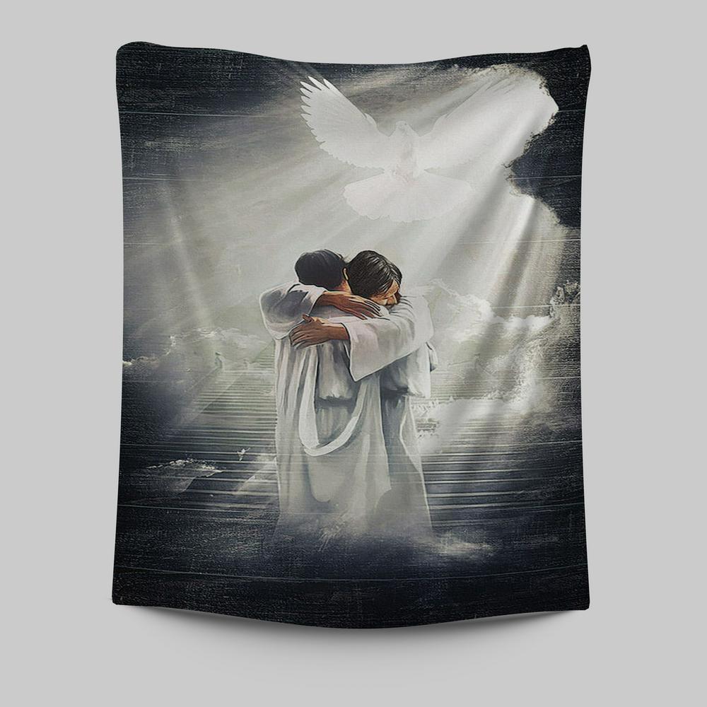 Jesus Hugging Man Dove Tapestry Art - Christian Art - Bible Verse Wall Art - Religious Home Decor