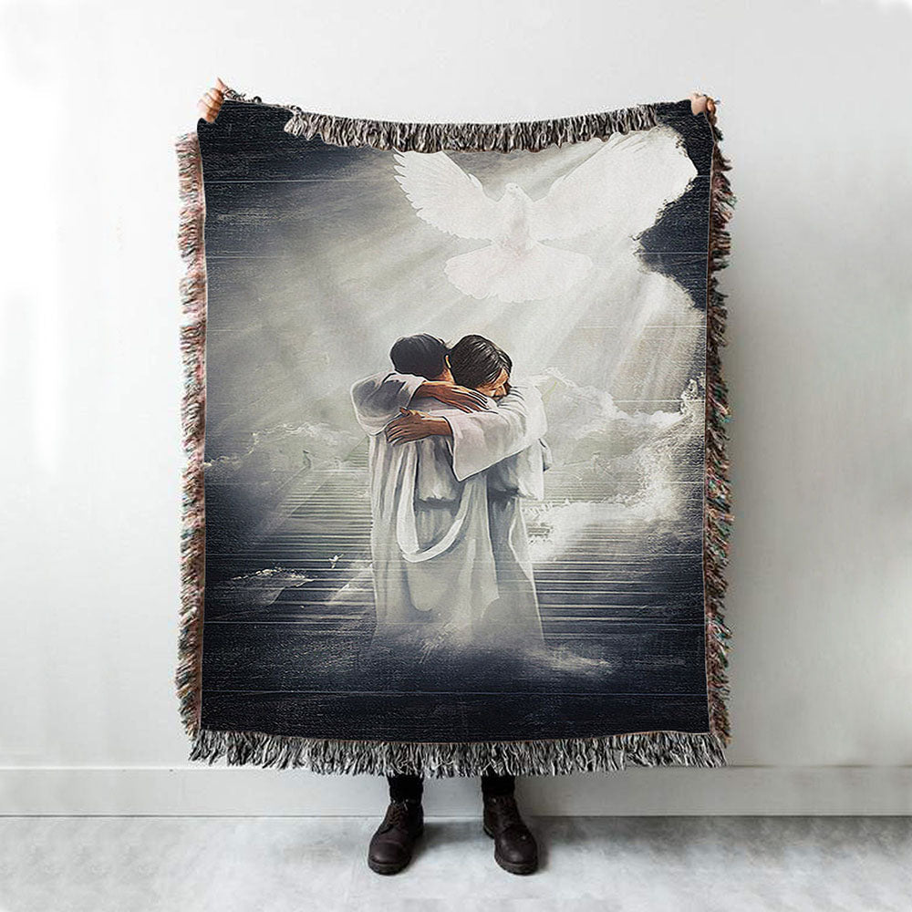 Jesus Hugging Man Dove Woven Blanket Art - Christian Art - Bible Verse Throw Blanket - Religious Home Decor