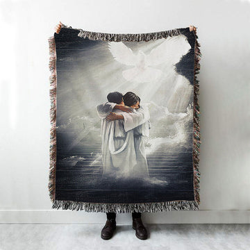 Jesus Hugging Man Dove Woven Blanket Art - Christian Art - Bible Verse Throw Blanket - Religious Home Decor
