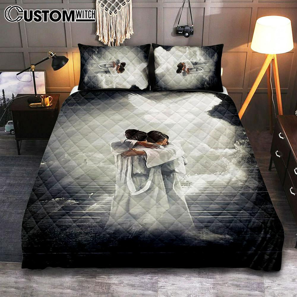 Jesus Hugging Woman Mystic Light Dove Quilt Bedding Set Prints - Jesus Christ Quilt Bedding Set Art - Christian Cover Twin Bedding Decor