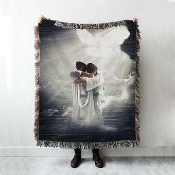 Jesus Hugging Woman Mystic Light Dove Woven Blanket Prints - Jesus Christ Woven Blanket Art - Christian Boho Blanket