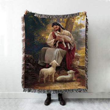 Jesus Hugs Lamb Of God Woven Throw Blanket - Bible Verse Woven Blanket Art - Inspirational Art - Christian Home Decor