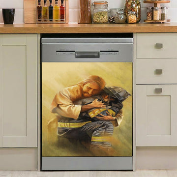 Jesus Hugs The Firefighter Dishwasher Cover, Jesus Christ Dishwasher Stickers, Christian Kitchen Decor