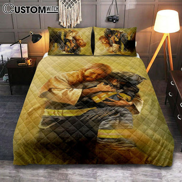 Jesus Hugs The Firefighter Quilt Bedding Set Prints - Jesus Christ Quilt Bedding Set Art - Christian Cover Twin Bedding Decor
