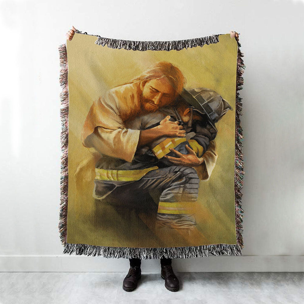 Jesus Hugs The Firefighter Woven Blanket Prints - Jesus Christ Woven Blanket Art - Christian Boho Blanket