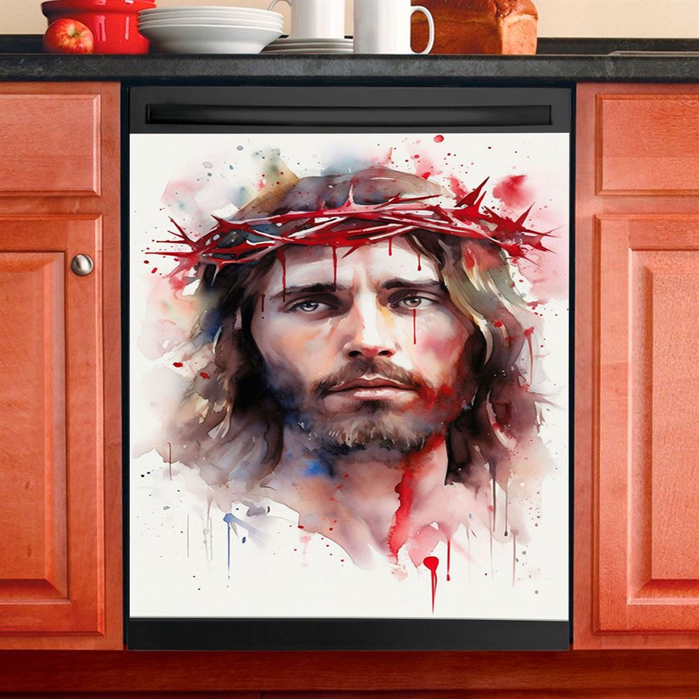 Jesus In Crown Of Thorns Watercolor Dishwasher Cover, Jesus Dishwasher Stickers, Christian Kitchen Decor