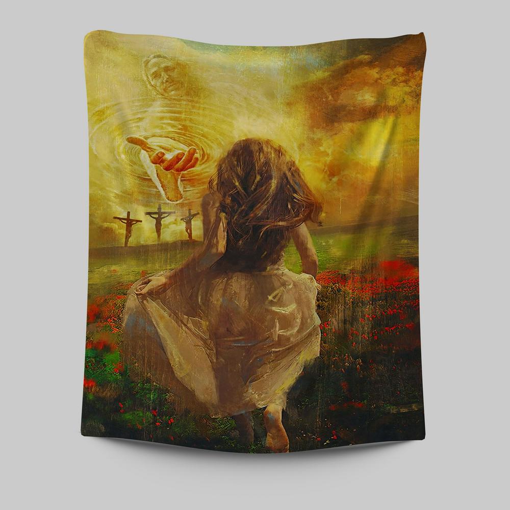 Jesus In Heaven Tapestry Wall Art - The Girl Running To JesusChristian Wall Decor - Christian Tapestries Wall Art