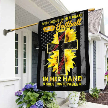 Jesus In Her Heart Softball In Her Hand Sunflower Christian Cross House Flag, Christian Flag, Christian Flag, Scripture Flag, Garden Banner