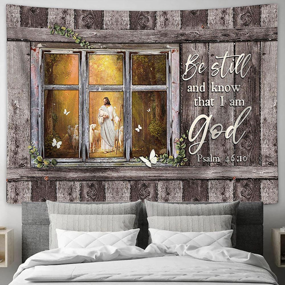 Jesus In The Forest With The Lambs Tapestry - Be Still And Know That I Am God Tapestry Art - Christian Wall Art Decor - Bible Verse Tapestry