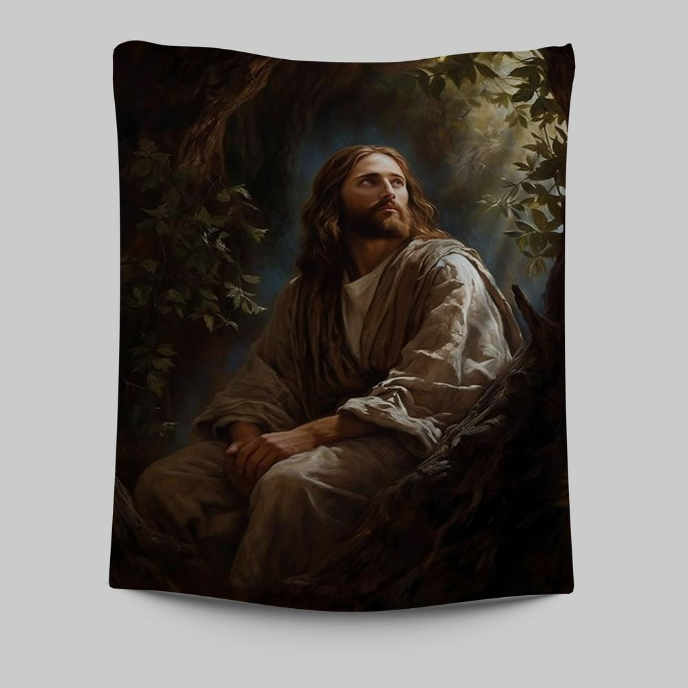 Jesus In The Tree In The Style Of Lush Brushstr 66 Tapestry Prints - Jesus Tapestry Art - Christian Wall Art Decor