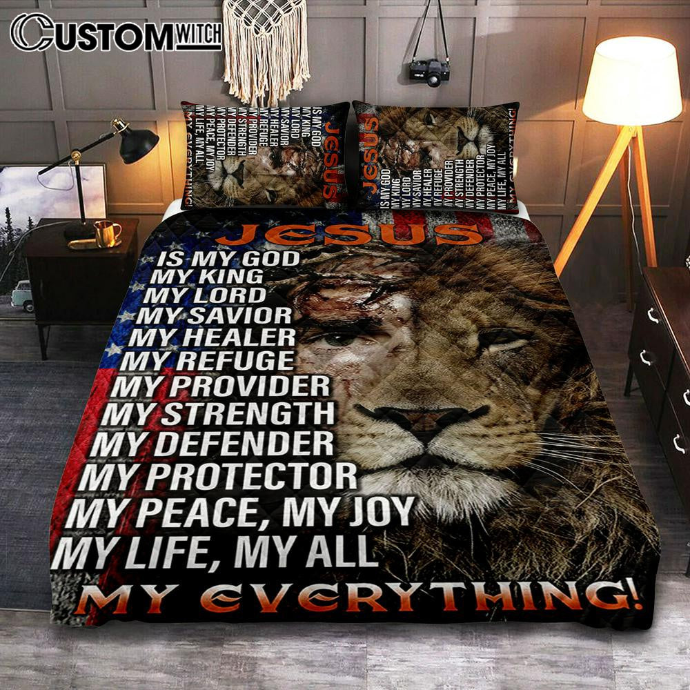 Jesus Is My God My King Half Christ Half Lion Quilt Bedding Set Bedroom - Jesus Quilt Bedding Set Pictures - Christian Quilt Bedding Set Bedroom