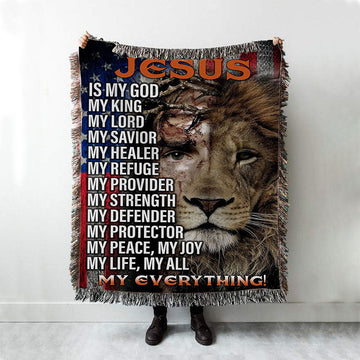 Jesus Is My God My King Half Christ Half Lion Woven Throw Blanket - Jesus Woven Blanket Pictures - Christian Woven Throw Blanket