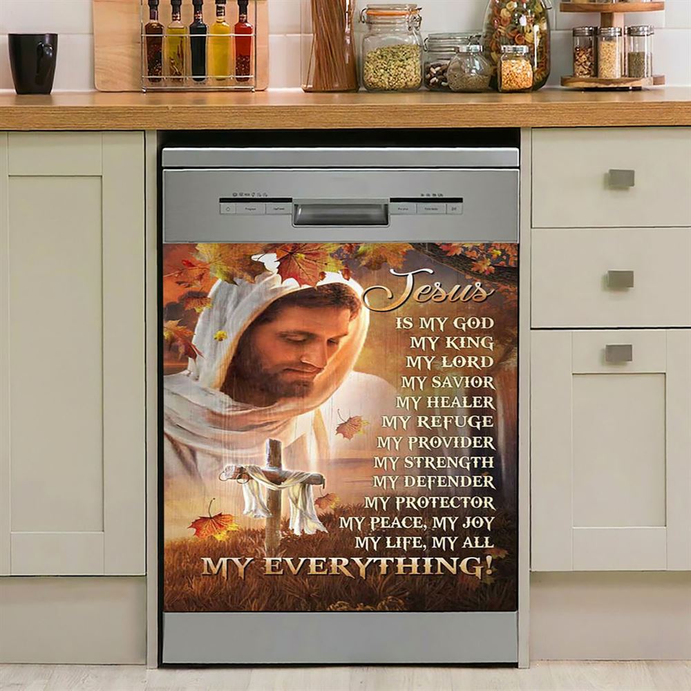 Jesus Is My God My King My Everything Dishwasher Cover, Autumn Season Wooden Cross Dishwasher Stickers, Christian Kitchen Decor