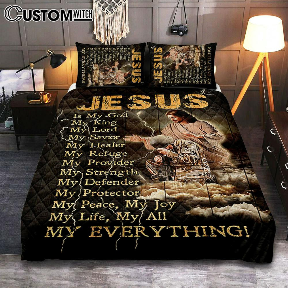 Jesus Is My God Soldier Thunder Bedroom Quilt Bedding Set - Jesus Portrait Quilt Bedding Set Prints - Christian Bedroom
