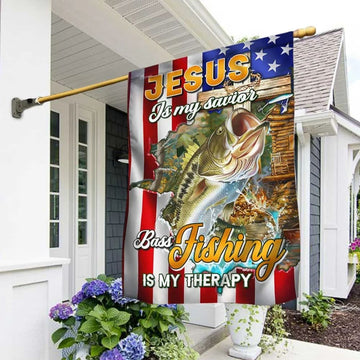 Jesus Is My Savior Bass Fishing Is My Therapy House Flag, Christian Flag, Christian Flag, Scripture Flag, Garden Banner