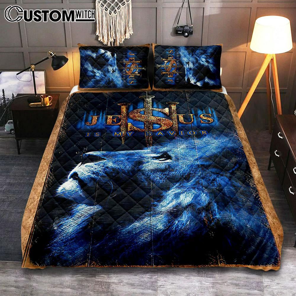 Jesus Is My Savior Blue Lion Quilt Bedding Set Art - Christian Art - Bible Verse Bedroom - Religious Home Decor