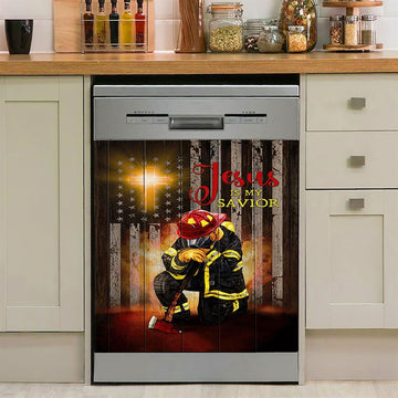 Jesus Is My Savior Firefighter Fireman Dishwasher Cover, Jesus Portrait Dishwasher Stickers, Christian Kitchen Decor