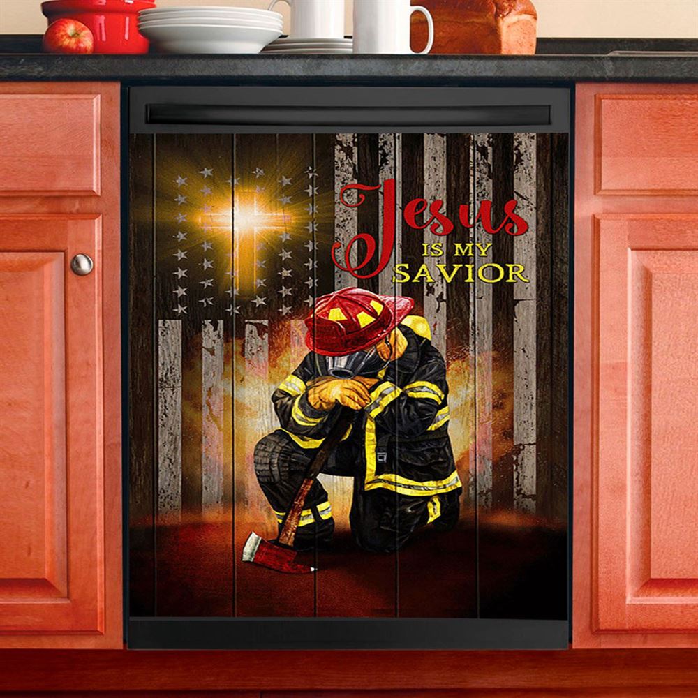 Jesus Is My Savior Firefighter Fireman Dishwasher Cover, Jesus Portrait Dishwasher Stickers, Christian Kitchen Decor