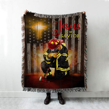 Jesus Is My Savior Firefighter Fireman Throw Blanket Woven Blanket - Jesus Portrait Woven Blanket Prints - Christian Throw Blanket
