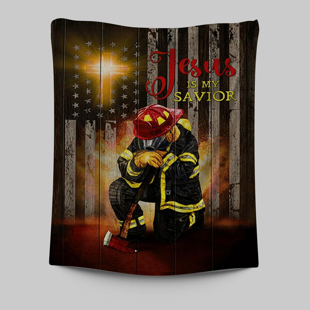 Jesus Is My Savior Firefighter Fireman Wall Art Tapestry - Jesus Portrait Tapestry Prints - Christian Wall Art