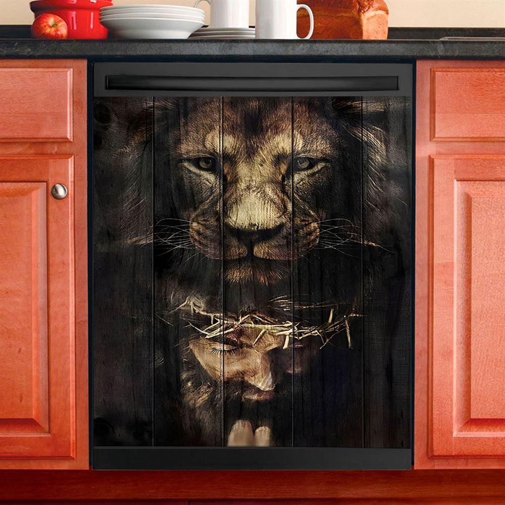 Jesus Is Praying Lion Dishwasher Cover, Lion Dishwasher Stickers, Christian Inspirational Kitchen Decor
