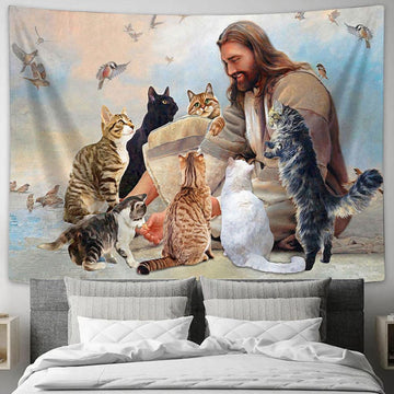 Jesus Is Surrounded By Cats Tapestry Wall Art - Jesus Christ Tapestry - Christian Tapestry Prints