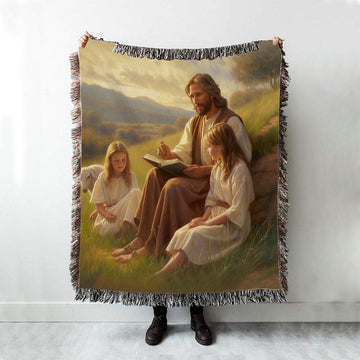 Jesus Is Teaching Children About Bible In The C1 Woven Blanket Prints - Jesus Woven Blanket Art - Christian Throw Blanket Decor