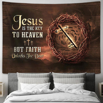 Jesus Is The Key To Heaven Special Key Thorn Crown Three Crosses Tapestry Art - Christian Wall Art Decor - Bible Verse Tapestry