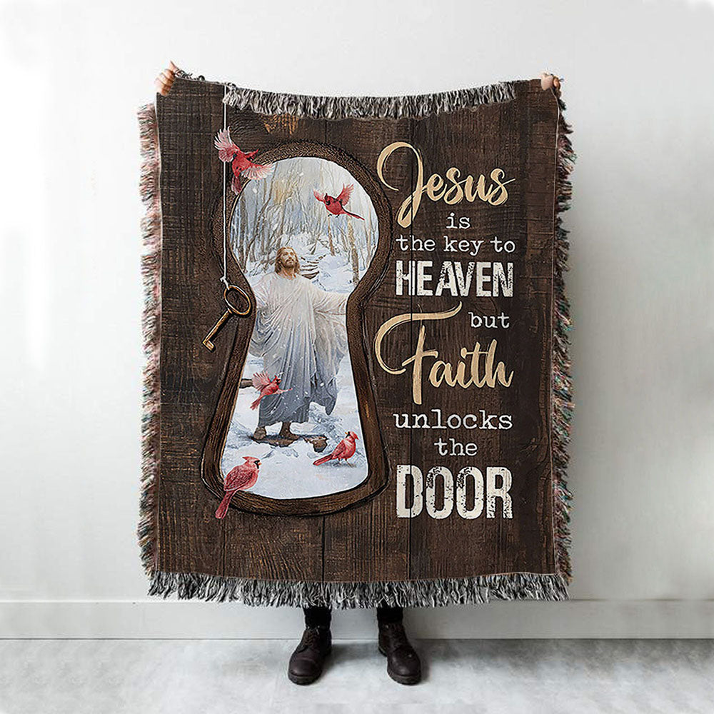 Jesus Is The Key To Heaven Woven Blanket - Jesus Christ Northern Cardinal Woven Blanket - Christian Throw Blanket - Religious Home Decor