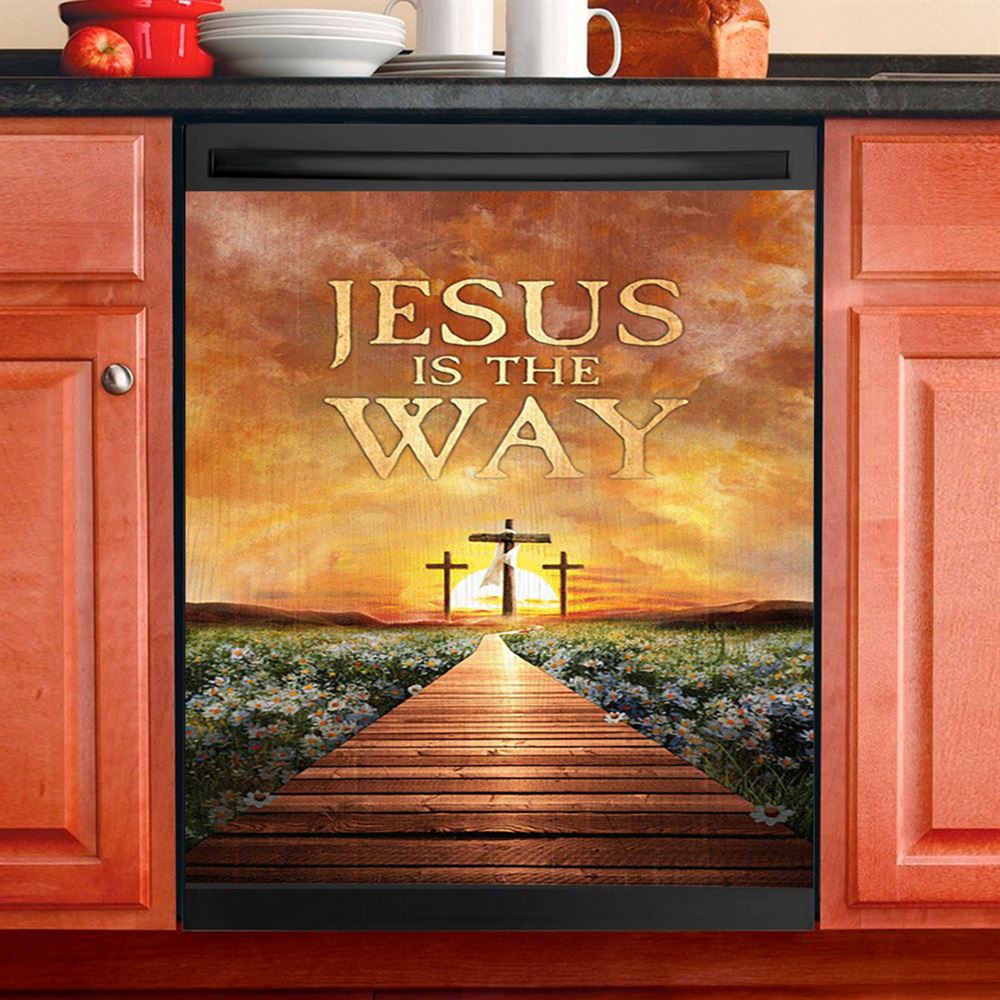 Jesus Is The Way Bridge Beautiful Sunset Cross Dishwasher Cover, Bible Verse Dishwasher Stickers, Inspirational Kitchen Decor