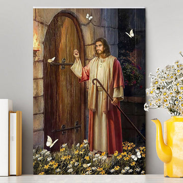 Jesus Knocks The Door Daisy Garden White Butterfly Canvas Prints - Jesus Christ Canvas Art - Christian Wall Decor