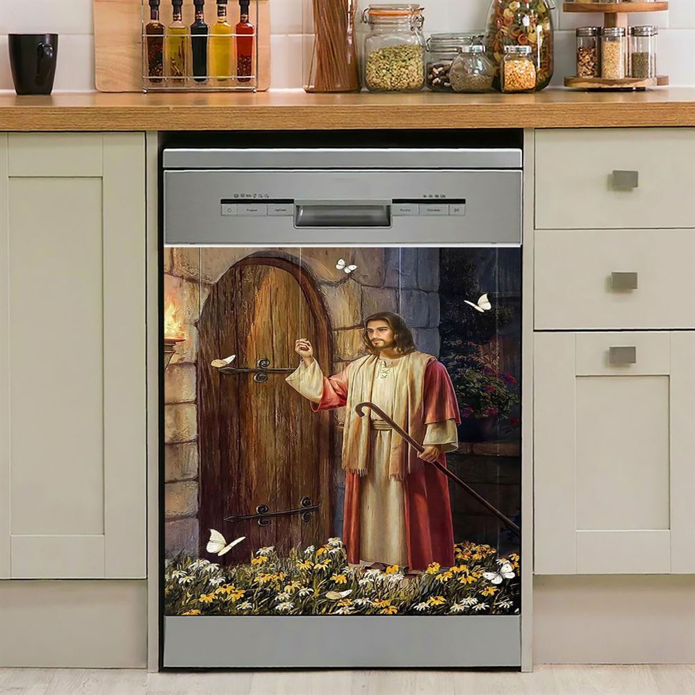 Jesus Knocks The Door Daisy Garden White Butterfly Dishwasher Cover, Jesus Christ Dishwasher Stickers, Christian Kitchen Decor