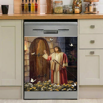 Jesus Knocks The Door Daisy Garden White Butterfly Dishwasher Cover, Jesus Christ Dishwasher Stickers, Christian Kitchen Decor