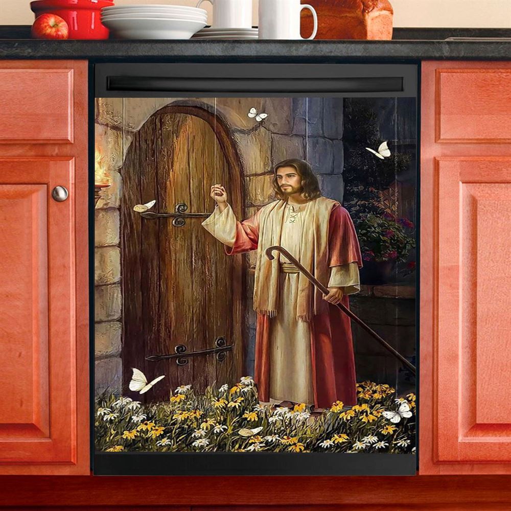 Jesus Knocks The Door Daisy Garden White Butterfly Dishwasher Cover, Jesus Christ Dishwasher Stickers, Christian Kitchen Decor