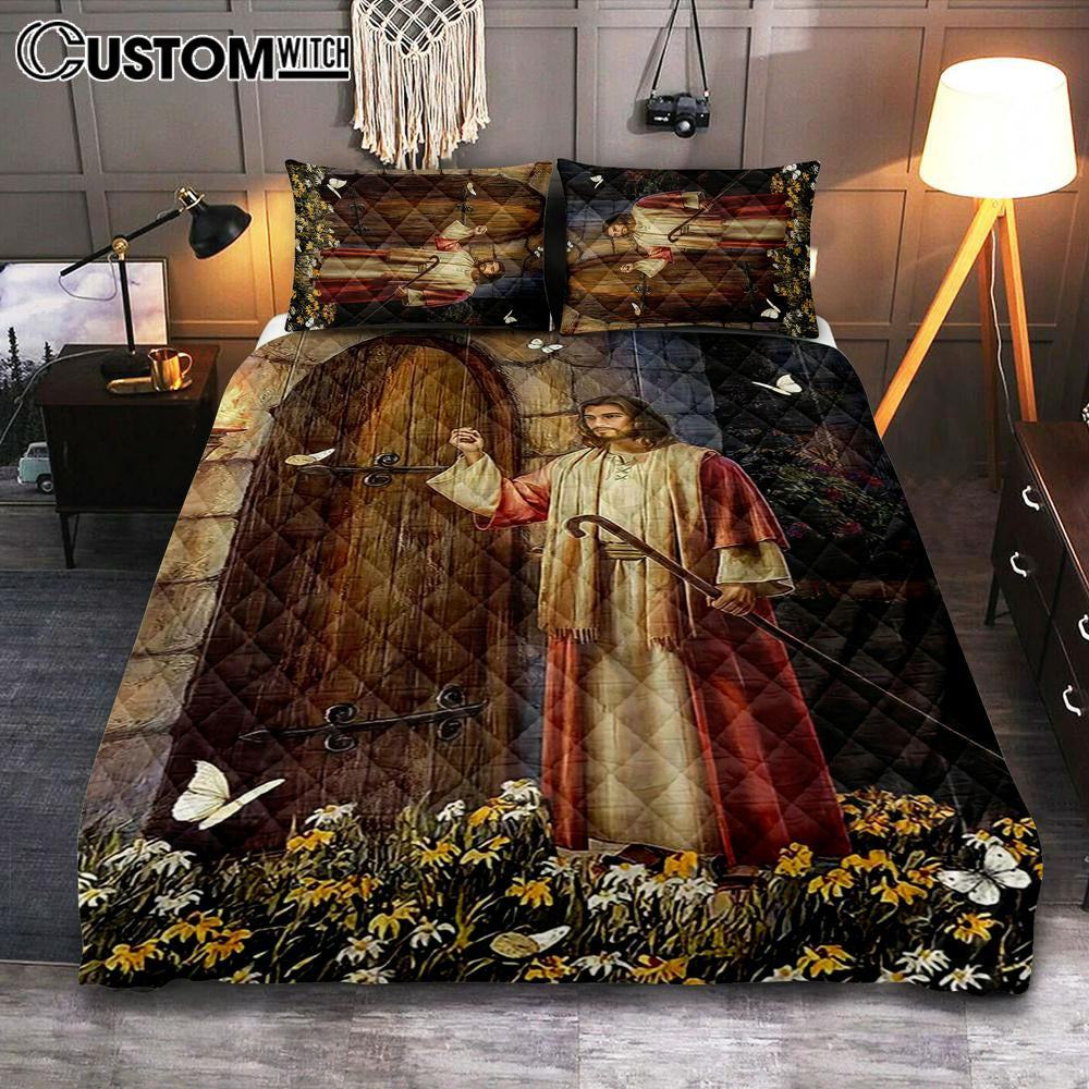 Jesus Knocks The Door Daisy Garden White Butterfly Quilt Bedding Set Prints - Jesus Christ Quilt Bedding Set Art - Christian Cover Twin Bedding Decor
