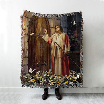 Jesus Knocks The Door Daisy Garden White Butterfly Woven Blanket Prints - Jesus Christ Woven Blanket Art - Christian Boho Blanket