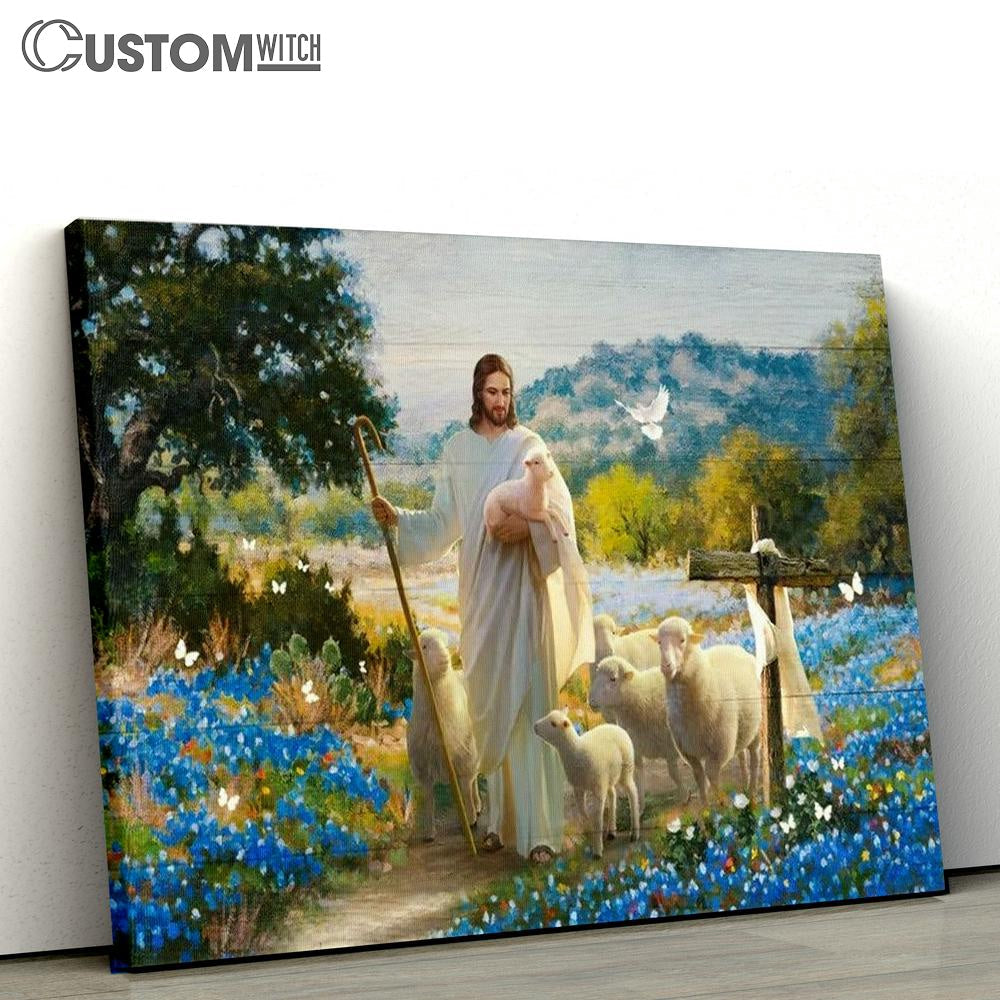 Jesus Lambs Of God Blue Flowers Cross Canvas Poster