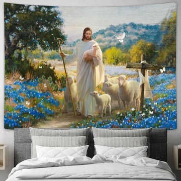 Jesus Lambs Of God Blue Flowers Cross Tapestry, Tapestries for Living Room Bedroom