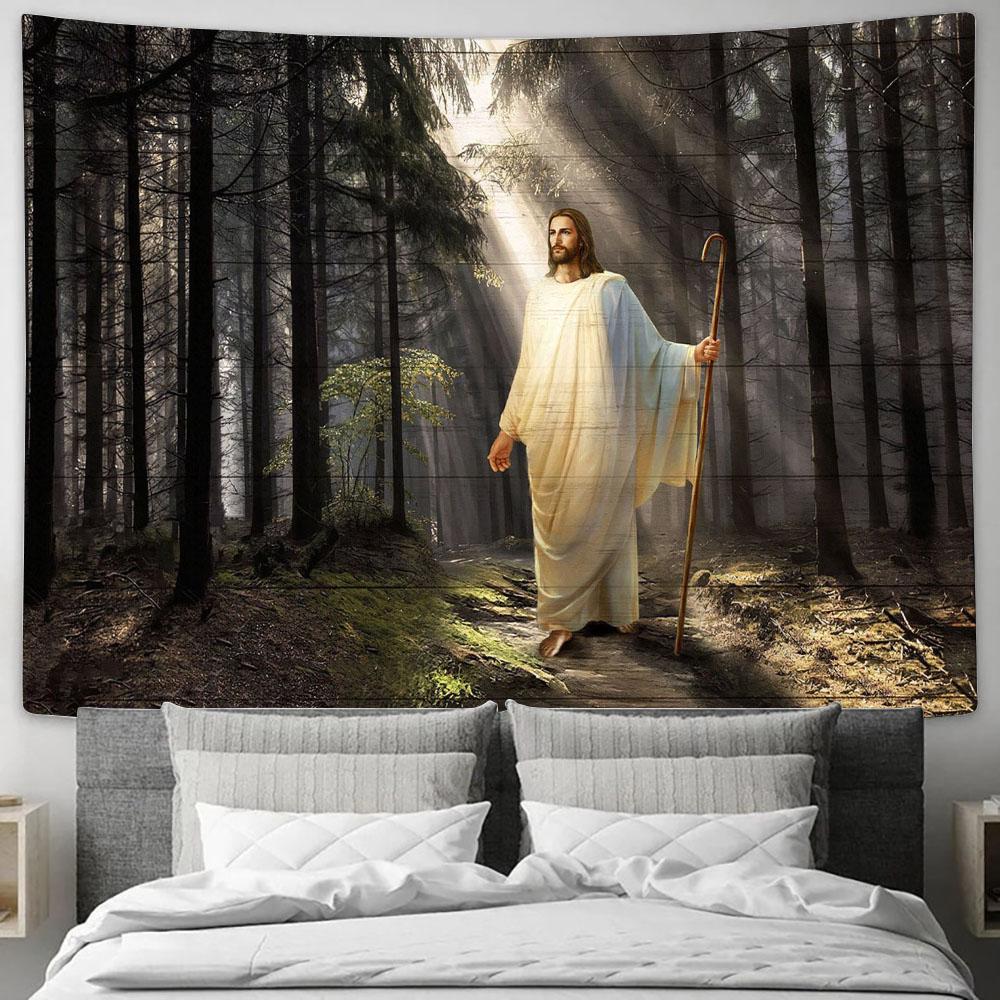 Jesus Light In Miracle Forest Tapestry Art - Christian Wall Art Decor - Bible Verse Tapestry