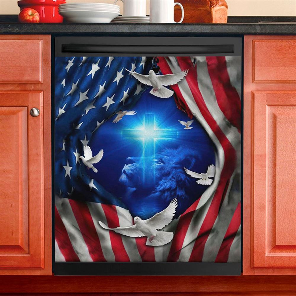 Jesus Lion American Flag Of Faith Dishwasher Cover, Bible Verse Dishwasher Stickers, Scripture Kitchen Decor