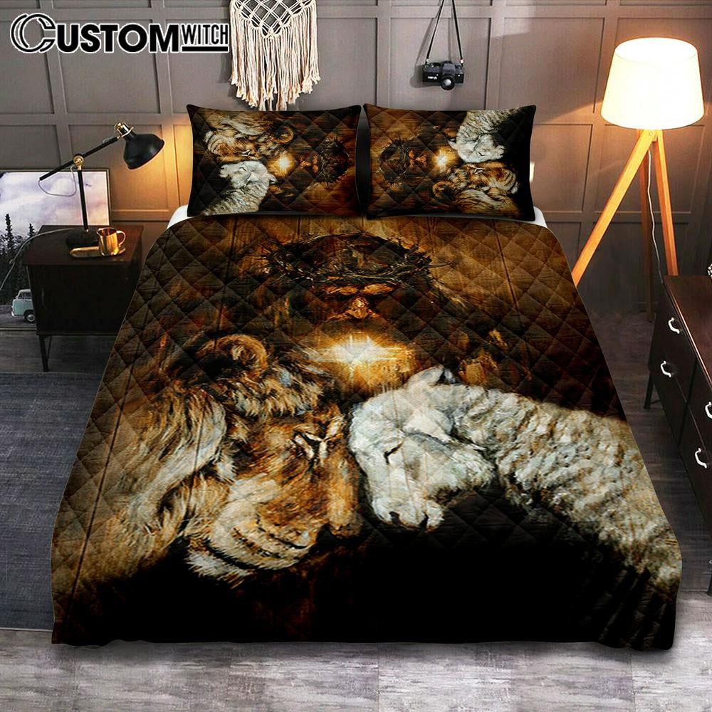 Jesus Lion And Lamb Cross Bedroom Quilt Bedding Set - Jesus Portrait Quilt Bedding Set Prints - Christian Bedroom