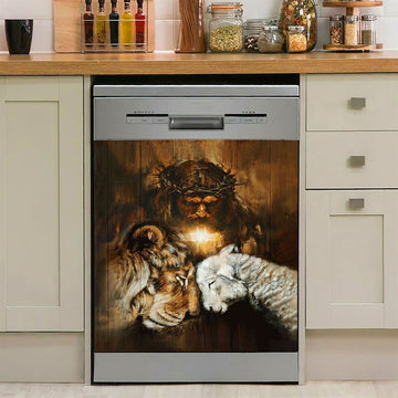 Jesus Lion And Lamb Cross Dishwasher Cover, Jesus Portrait Dishwasher Stickers, Christian Kitchen Decor