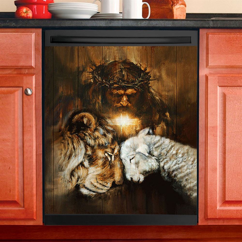 Jesus Lion And Lamb Cross Dishwasher Cover, Jesus Portrait Dishwasher Stickers, Christian Kitchen Decor