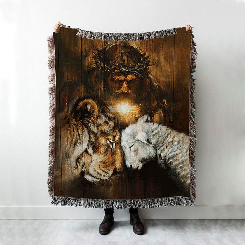 Jesus Lion And Lamb Cross Throw Blanket Woven Blanket - Jesus Portrait Woven Blanket Prints - Christian Throw Blanket