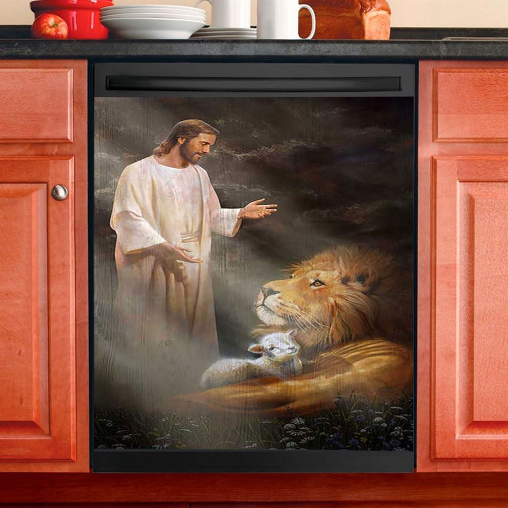 Jesus Lion And The Lambs Dishwasher Cover, Bible Verse Dishwasher Stickers, Inspirational Kitchen Decor
